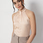 Beige Satin Halter Neck Sleeveless Top