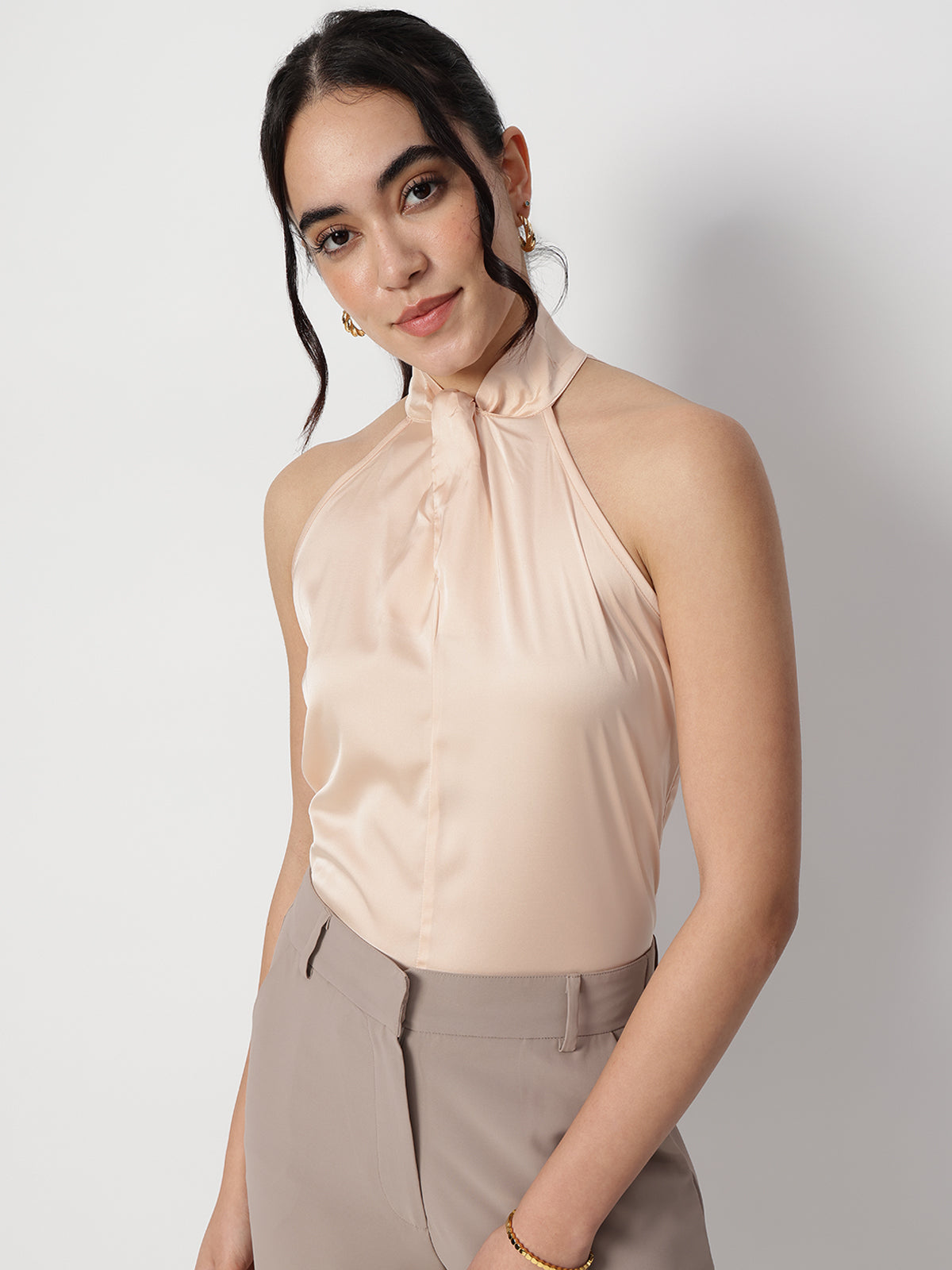 Beige Satin Halter Neck Sleeveless Top