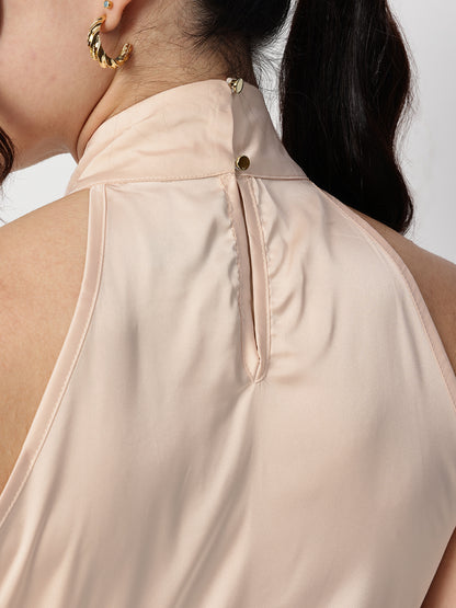 Beige Satin Halter Neck Sleeveless Top