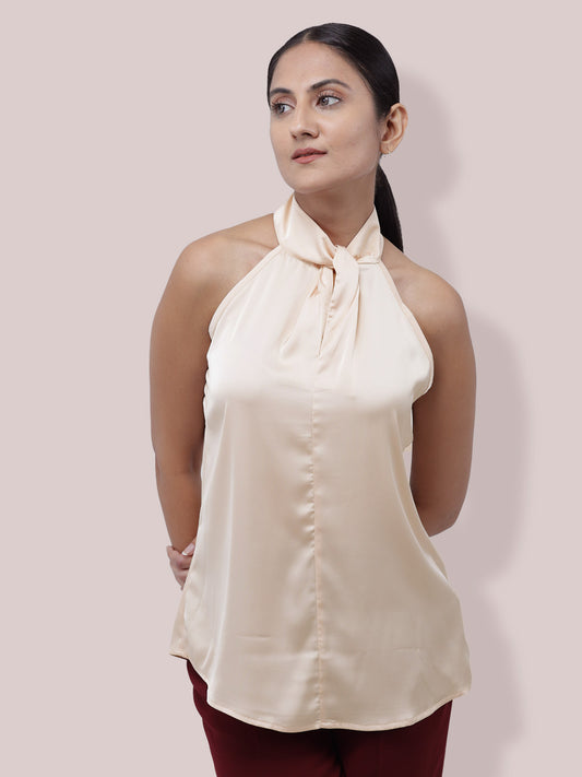 Beige Satin Halter Neck Sleeveless Top
