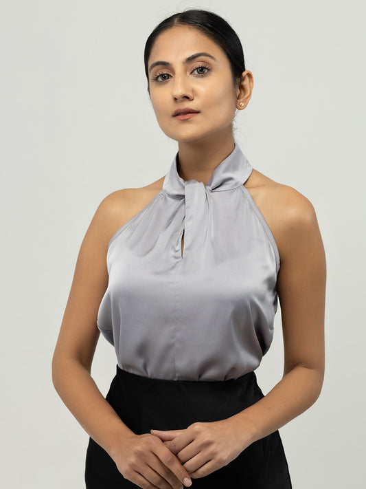 Grey Satin Halter Neck Sleeveless Top