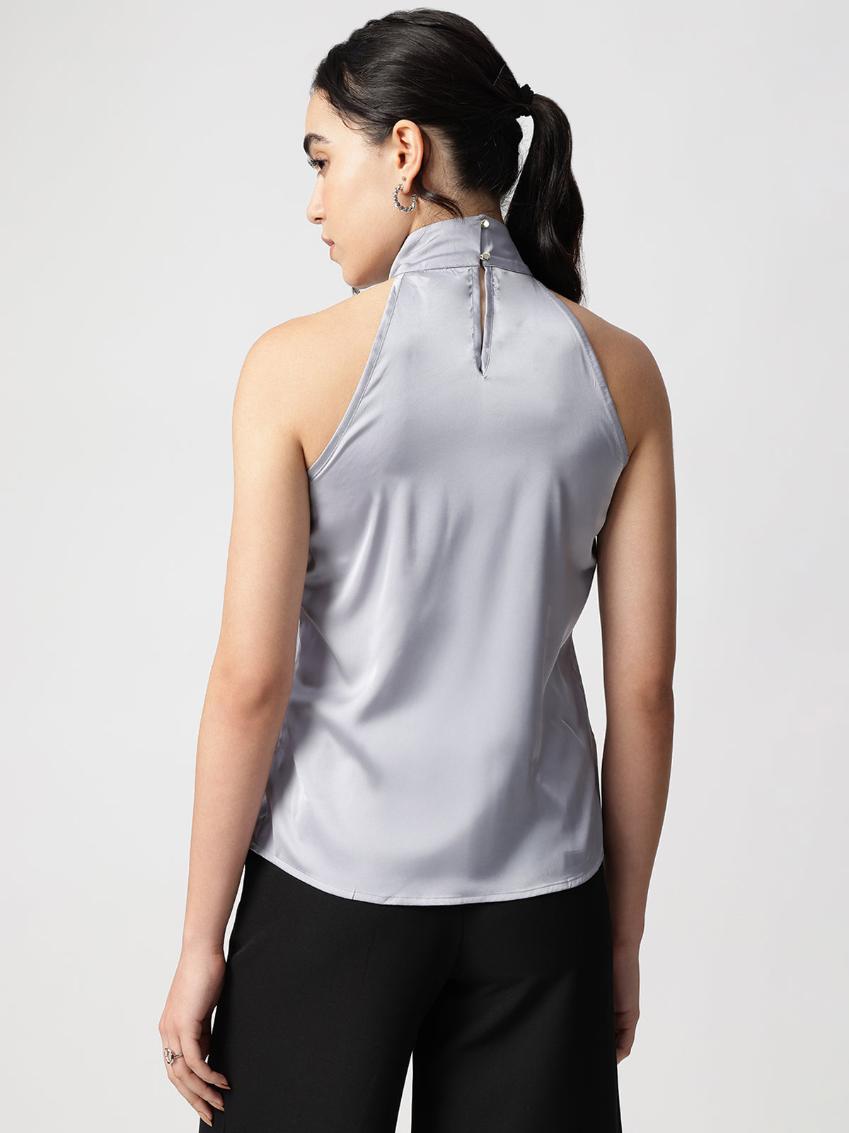 Grey Satin Halter Neck Sleeveless Top