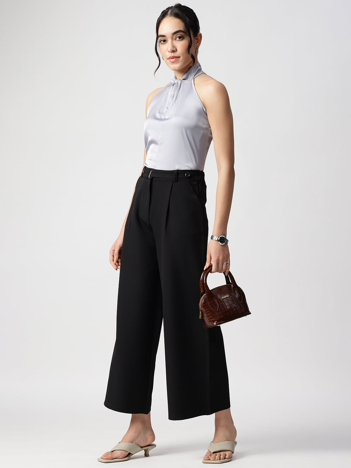 Grey Satin Halter Neck Sleeveless Top