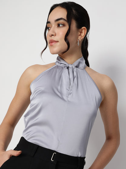 Grey Satin Halter Neck Sleeveless Top