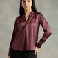 Wine Satin V-Neck Long Sleeves Top
