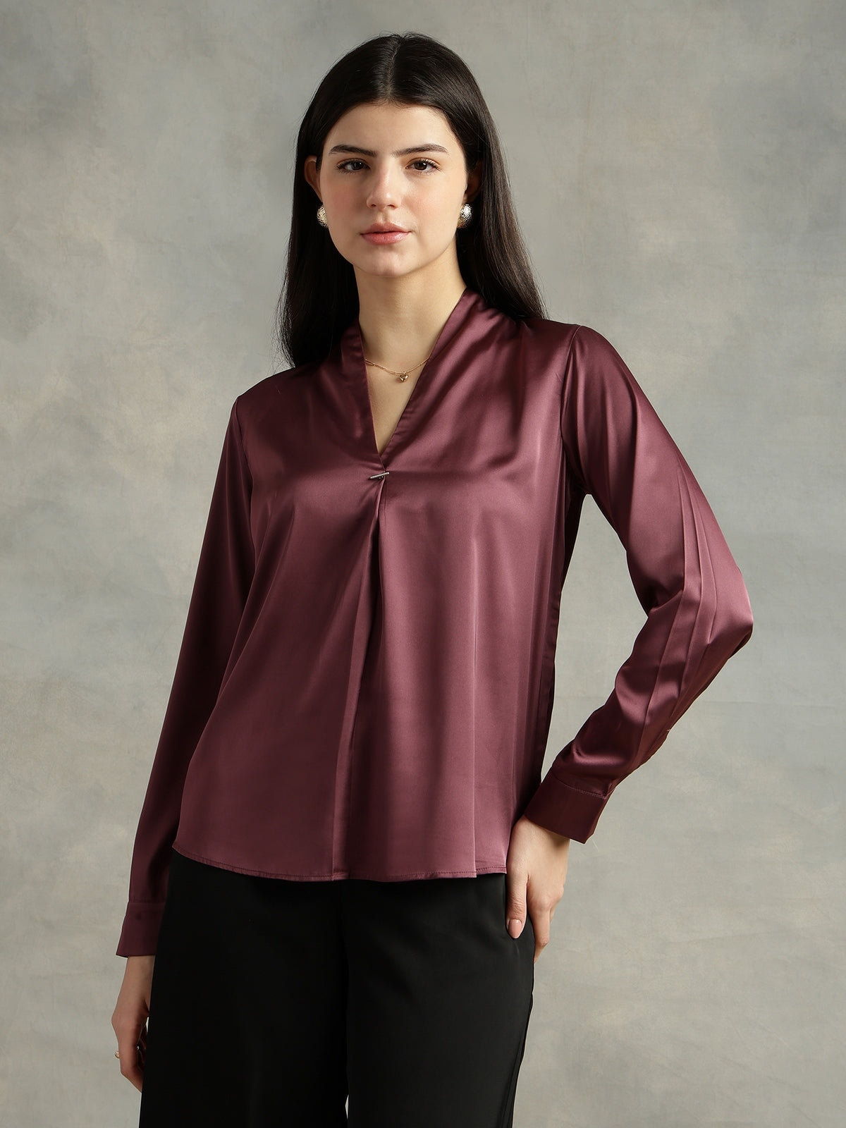 Wine Satin V-Neck Long Sleeves Top