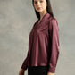 Wine Satin V-Neck Long Sleeves Top