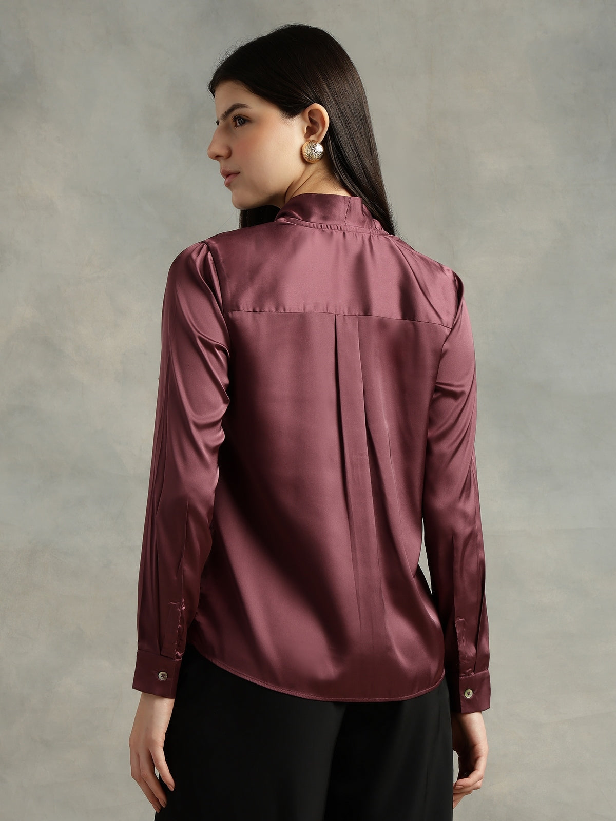 Wine Satin V-Neck Long Sleeves Top