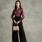Wine Satin V-Neck Long Sleeves Top