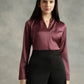 Wine Satin V-Neck Long Sleeves Top