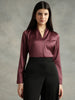 Wine Satin V-Neck Long Sleeves Top