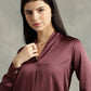 Wine Satin V-Neck Long Sleeves Top