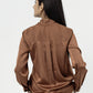 Brown Satin V-Neck Long Sleeves Top