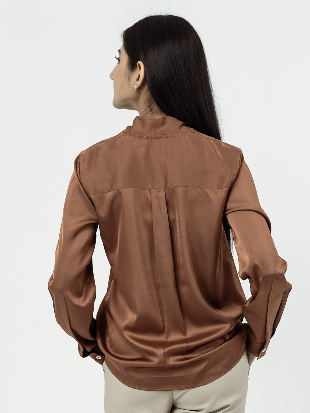 Brown Satin V-Neck Long Sleeves Top
