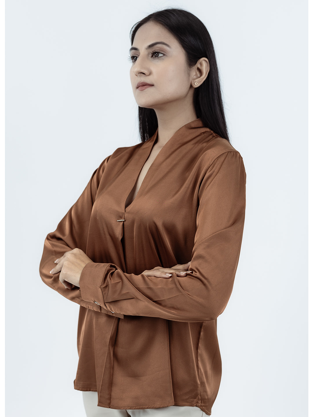 Brown Satin V-Neck Long Sleeves Top