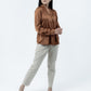 Brown Satin V-Neck Long Sleeves Top