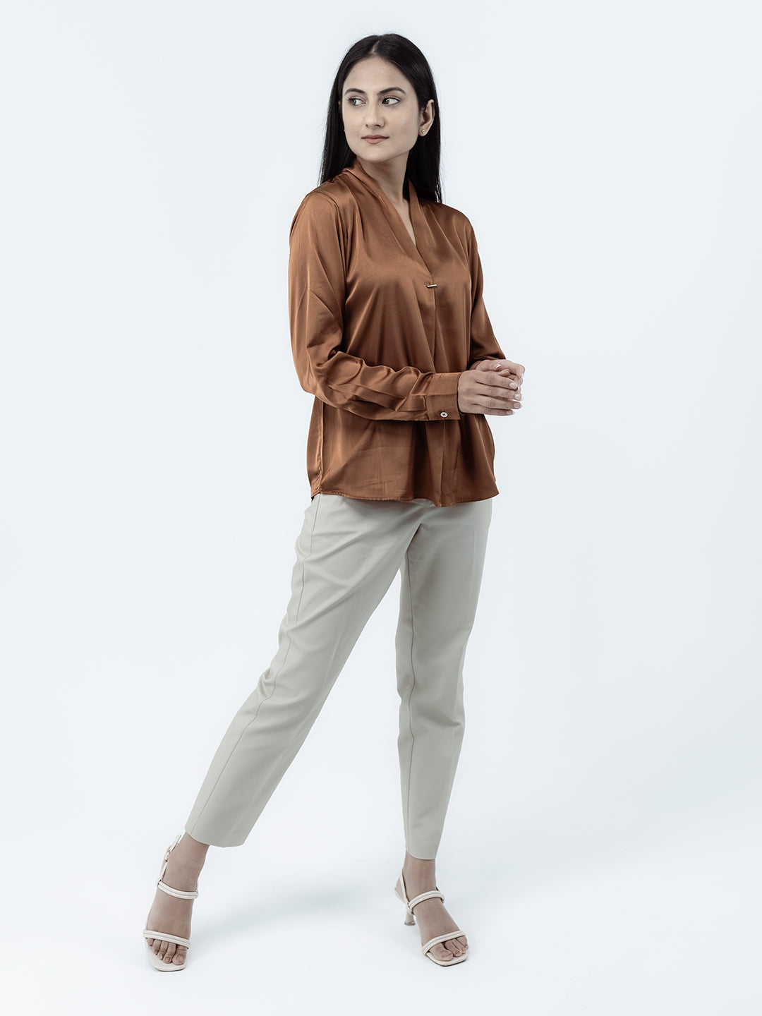 Brown Satin V-Neck Long Sleeves Top