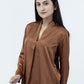 Brown Satin V-Neck Long Sleeves Top