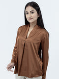Brown Satin V-Neck Top