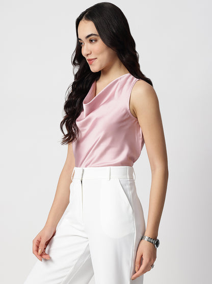 Pink Satin Cowl Neck Sleeveless Top