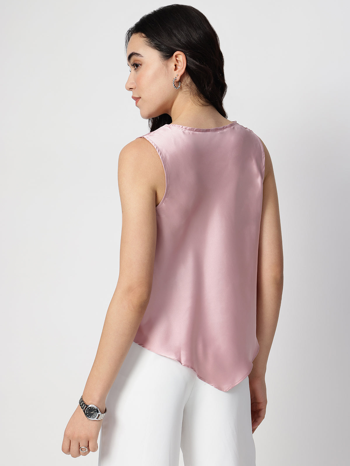 Pink Satin Cowl Neck Sleeveless Top