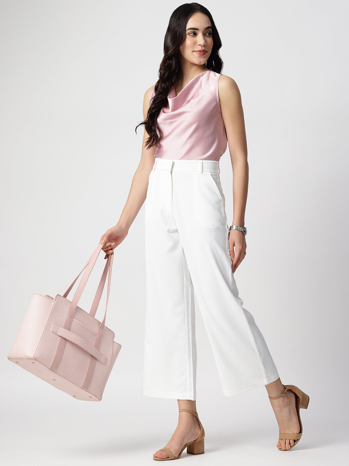 Pink Satin Cowl Neck Sleeveless Top