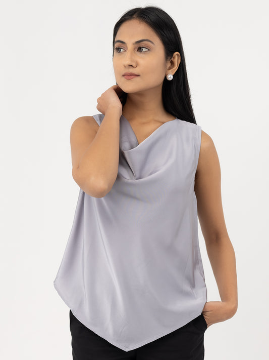 Grey Satin Cowl Neck Sleeveless Top