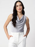 Grey Satin Cowl Neck Top