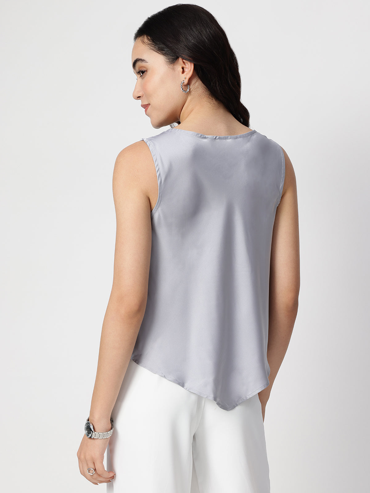Grey Satin Cowl Neck Sleeveless Top