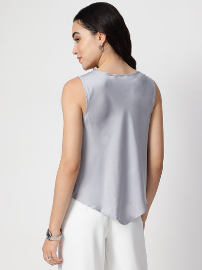 Grey Satin Cowl Neck Sleeveless Top