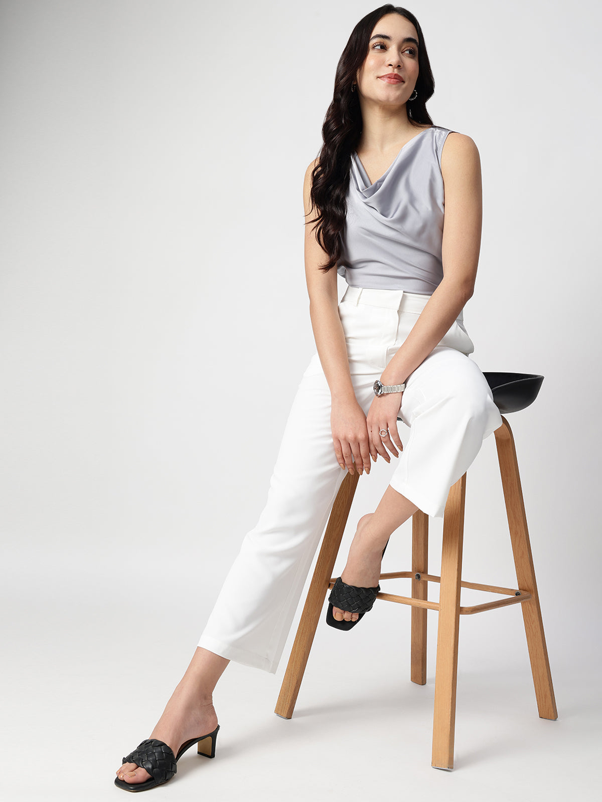 Grey Satin Cowl Neck Sleeveless Top