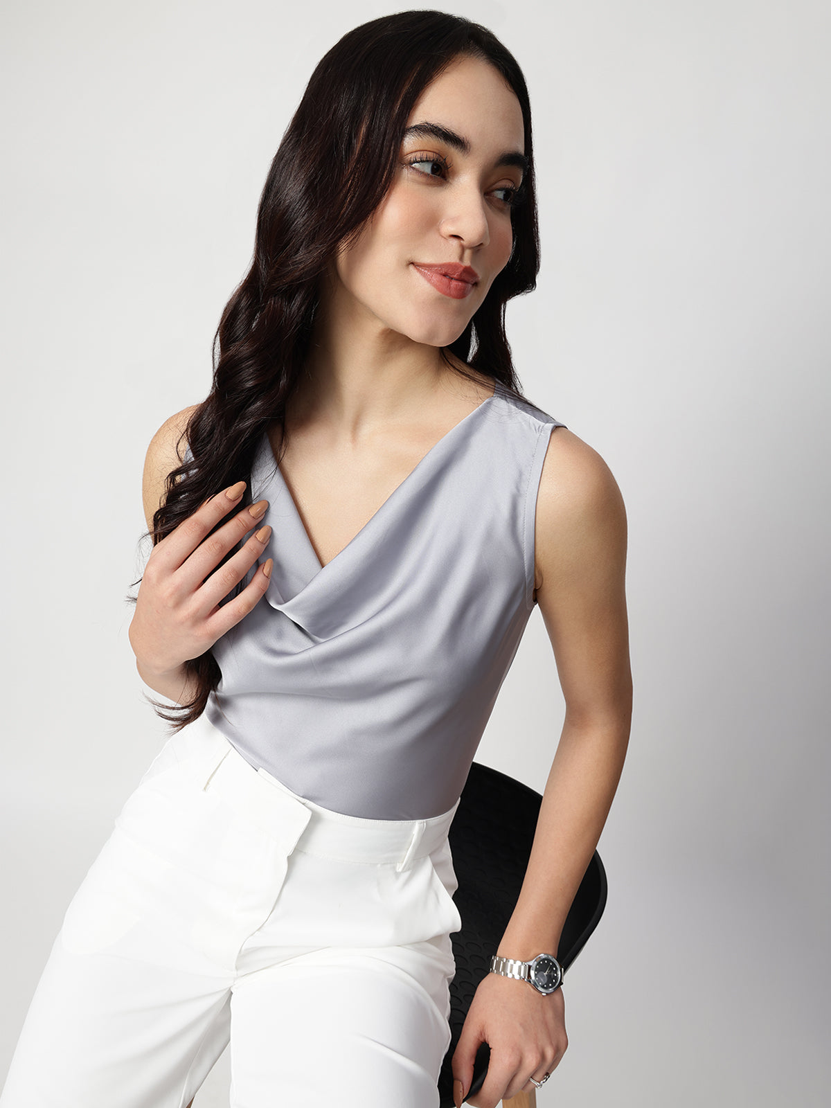 Grey Satin Cowl Neck Sleeveless Top