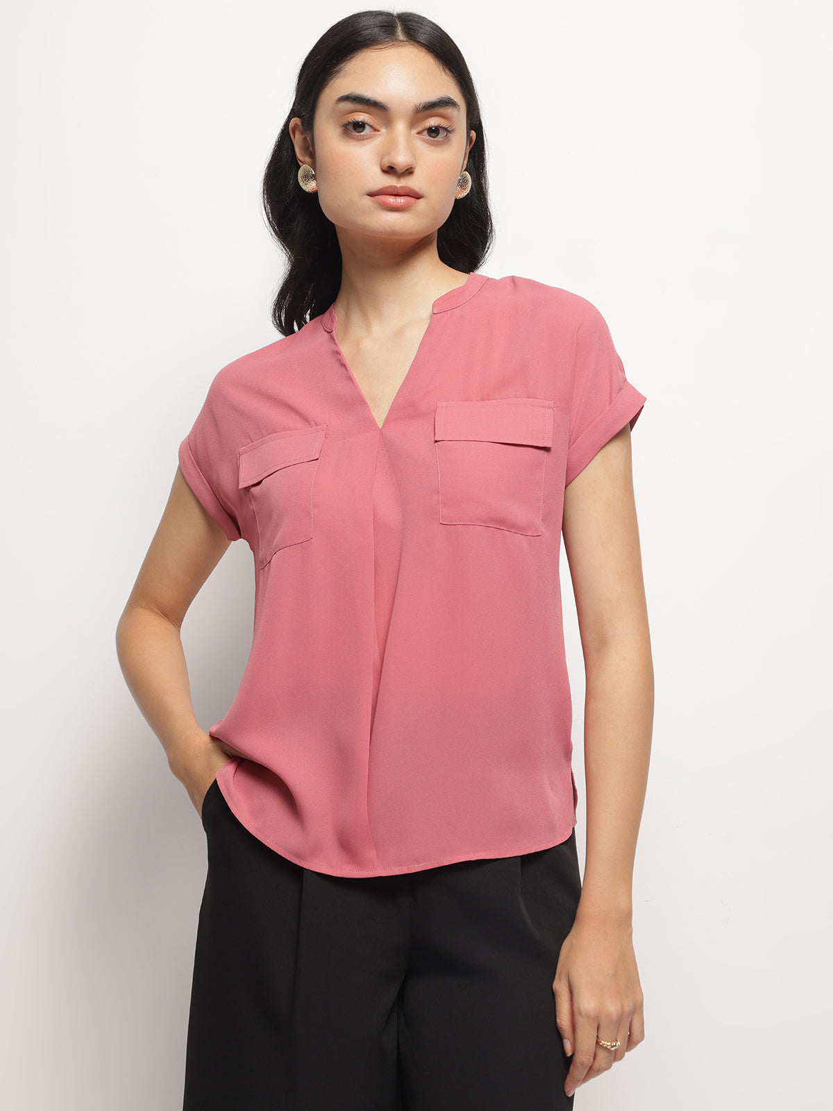 Mandarin Collar V-Neck Dolman Sleeves Top