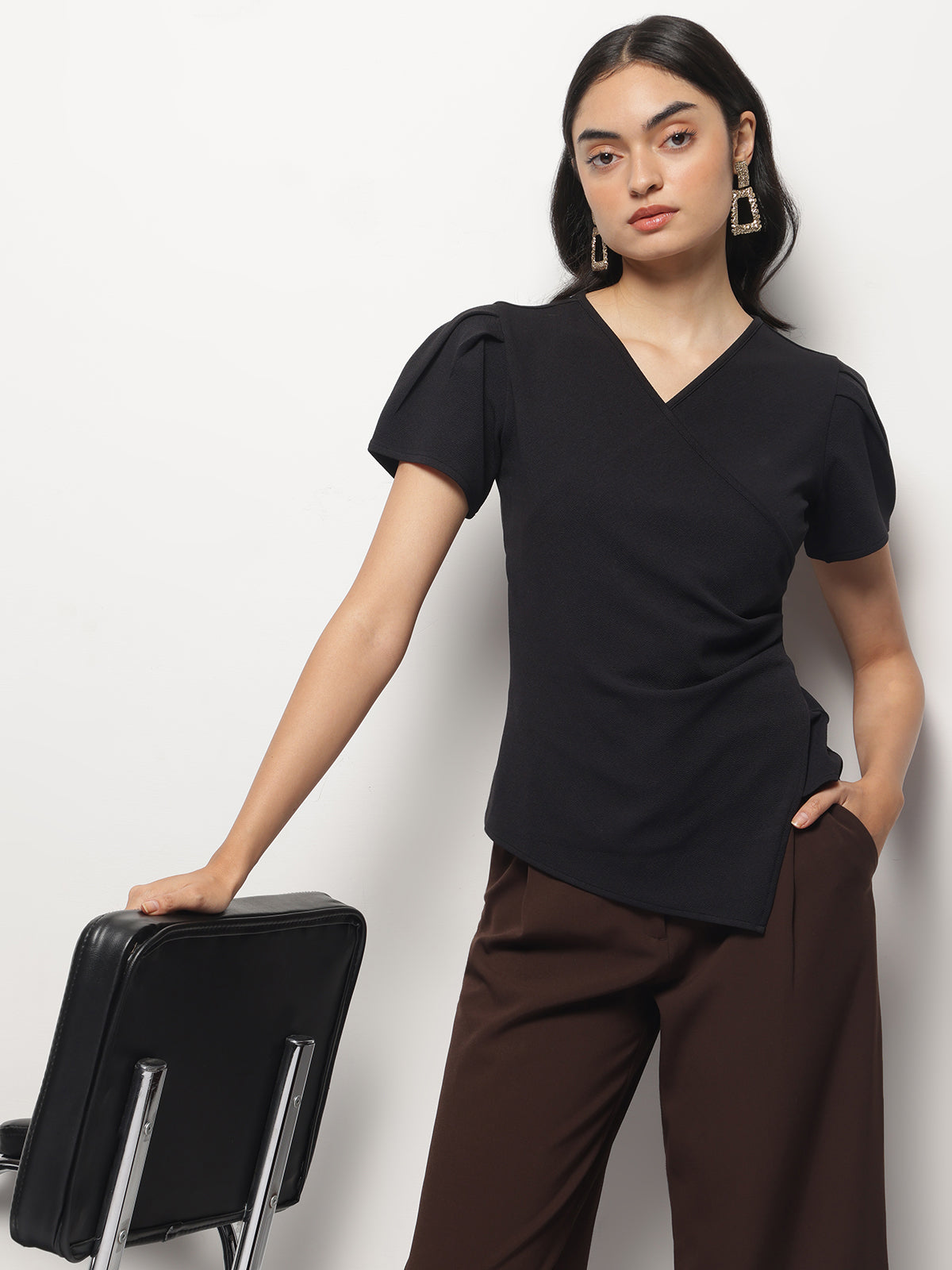 Waist Pleated and Asymmetrical Hem Fitted Shirt Sleeves Top