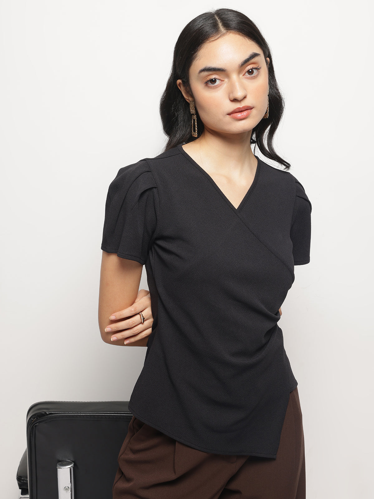 Waist Pleated and Asymmetrical Hem Fitted Shirt Sleeves Top