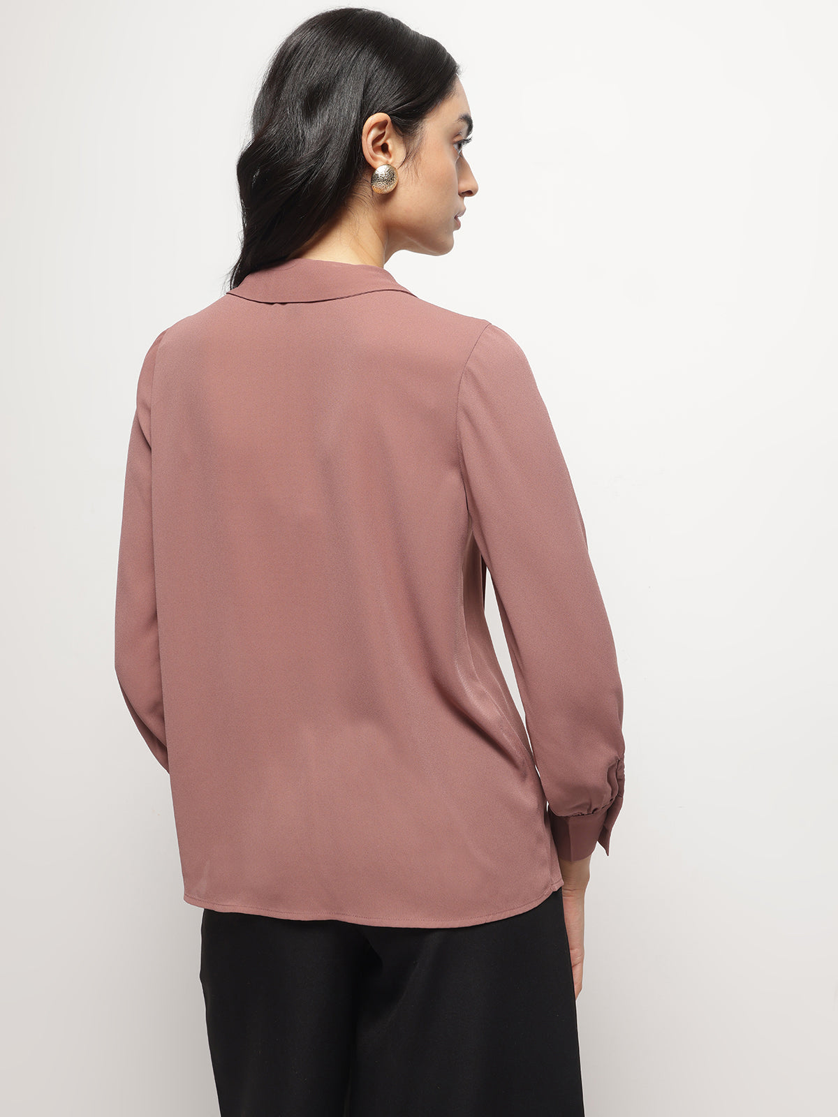 Grape Shake Long Collar Pintuck Full Sleeves Top