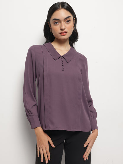 Gold Lavender Long Collar Pintuck Full Sleeves Top