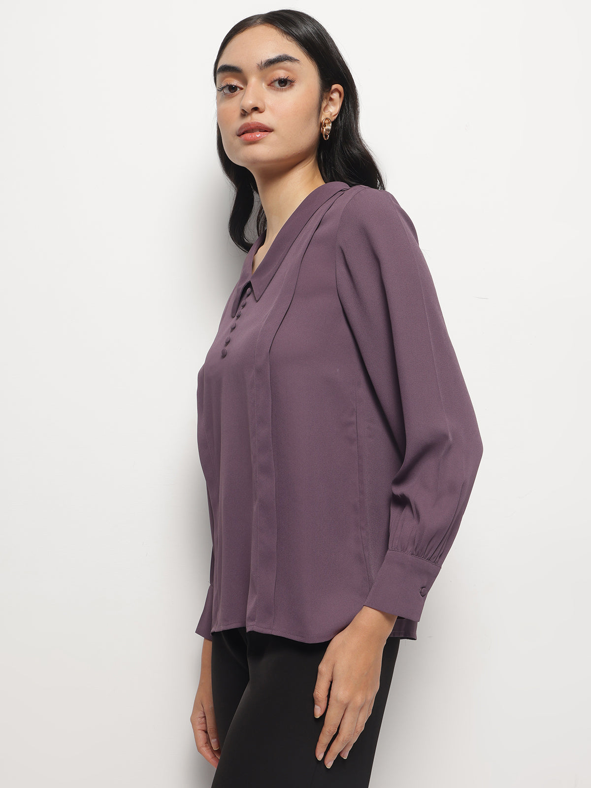 Gold Lavender Long Collar Pintuck Full Sleeves Top
