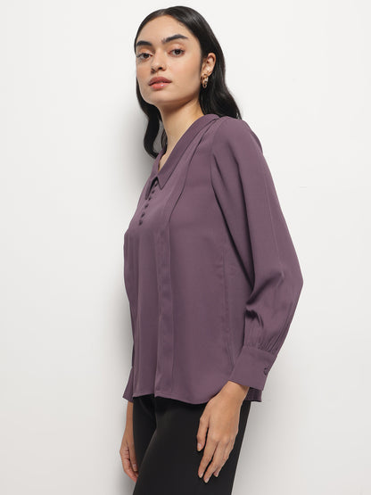 Gold Lavender Long Collar Pintuck Full Sleeves Top