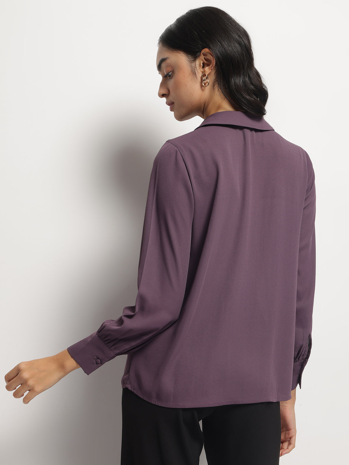 Gold Lavender Long Collar Pintuck Full Sleeves Top