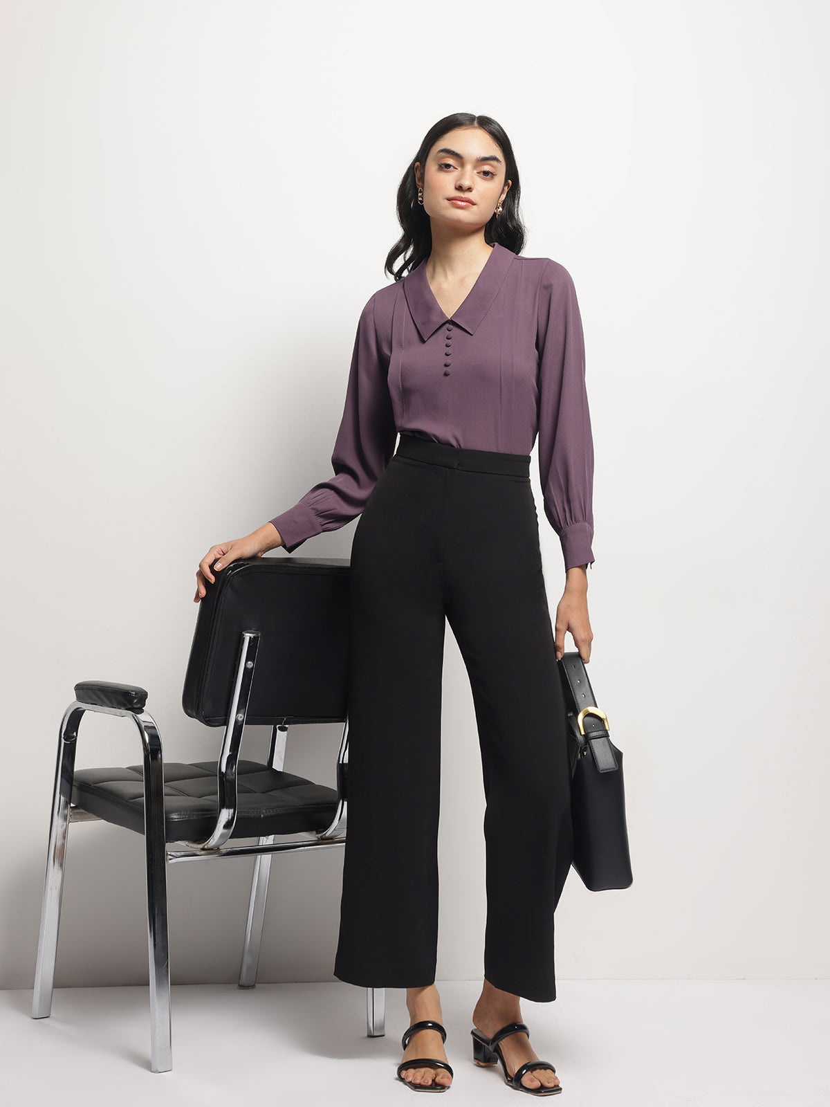 Gold Lavender Long Collar Pintuck Full Sleeves Top