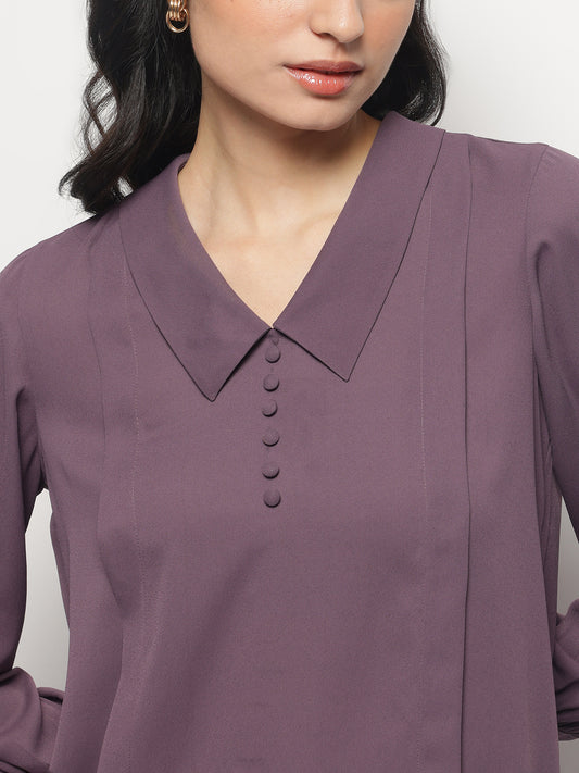 Gold Lavender Long Collar Pintuck Full Sleeves Top