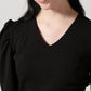 Black Solid V-Neck Puffed Sleeves Crop Top