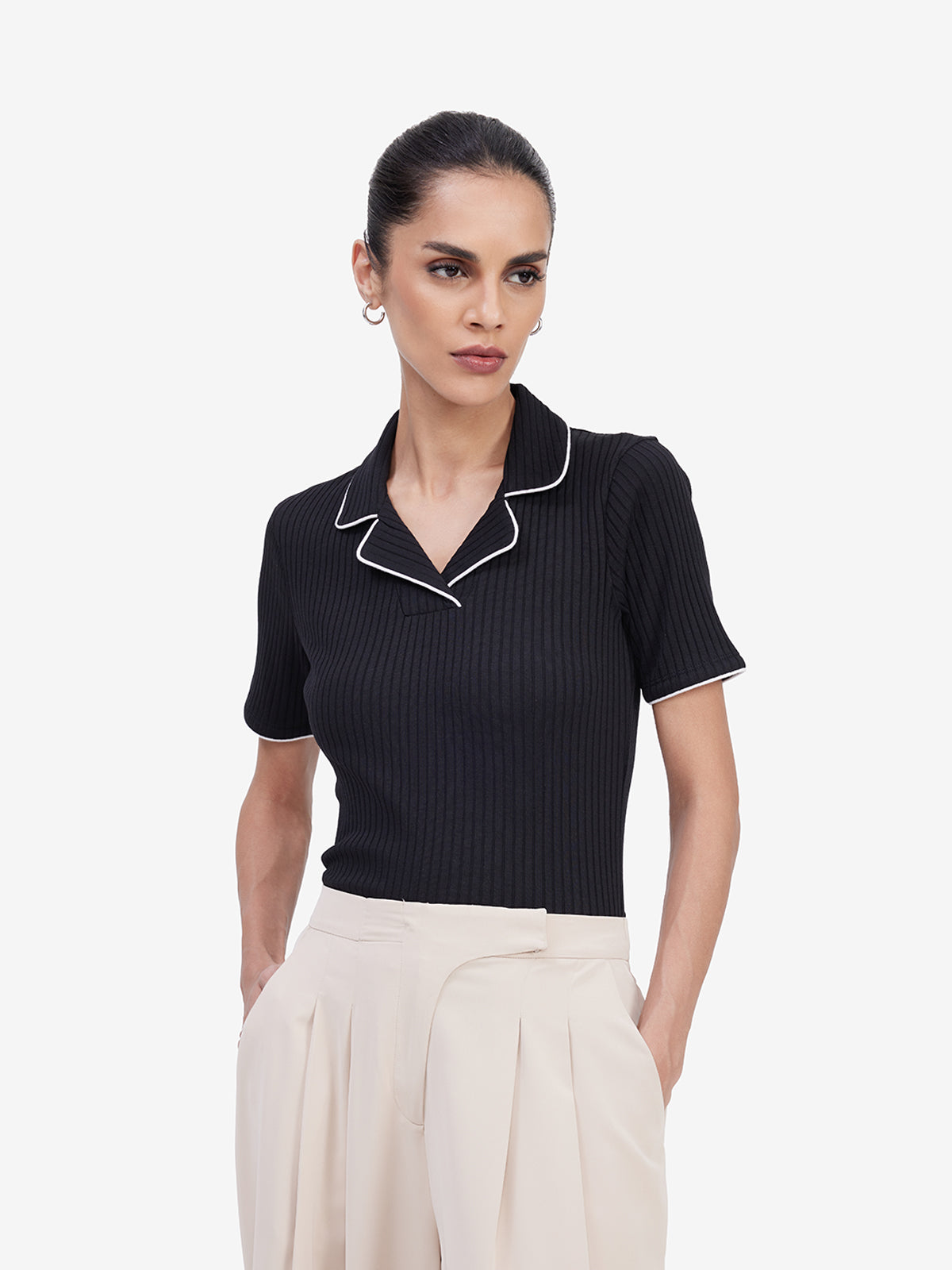 Black Lapel Collar Top