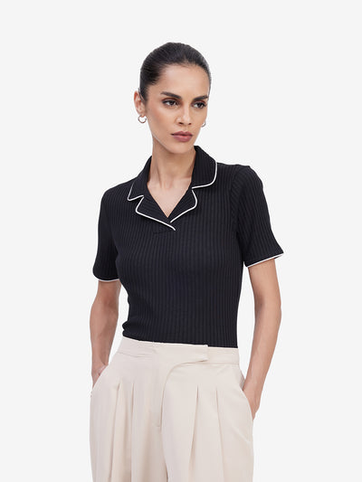 Black Lapel Collar Top