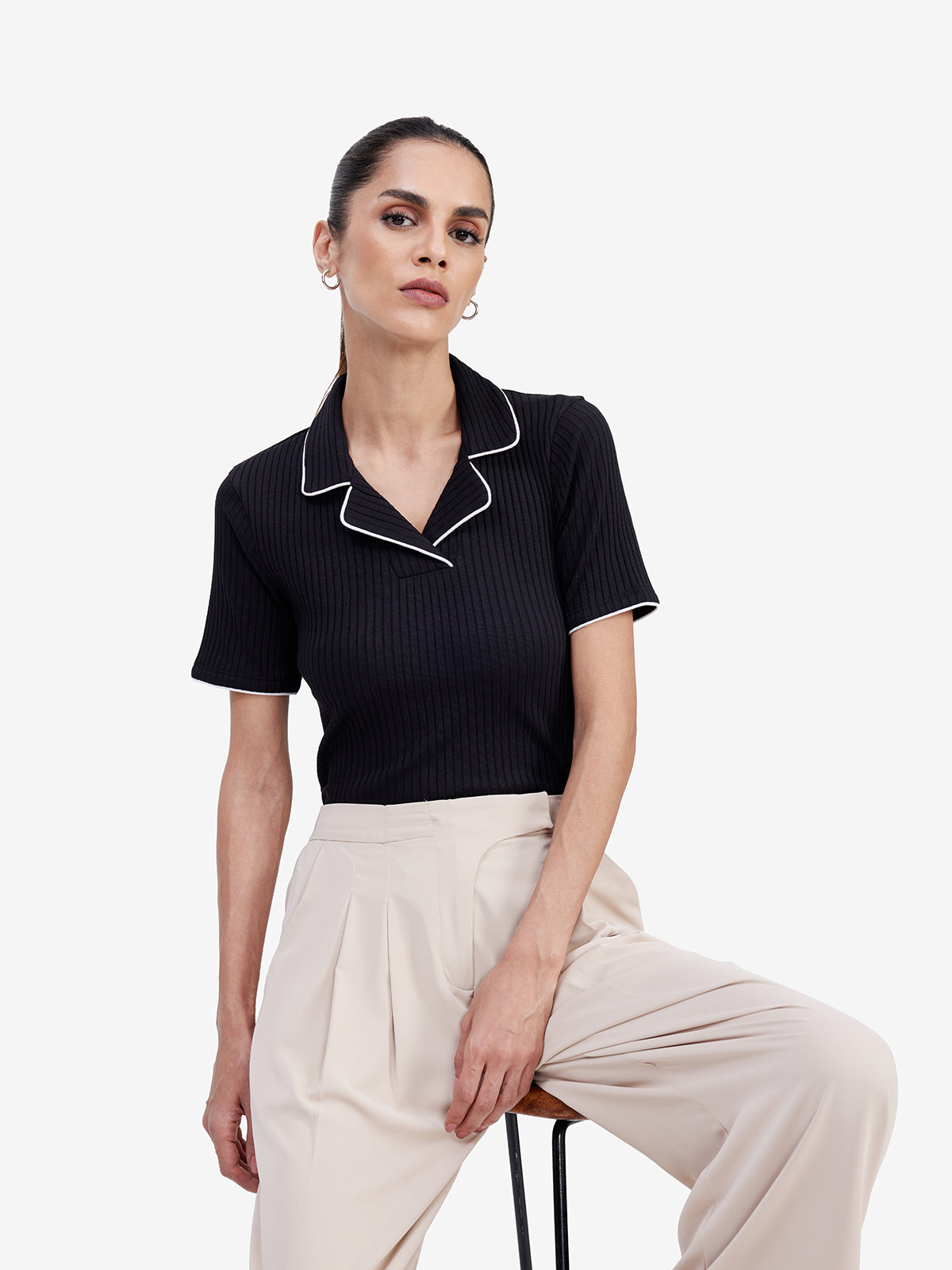 Black Lapel Collar Top