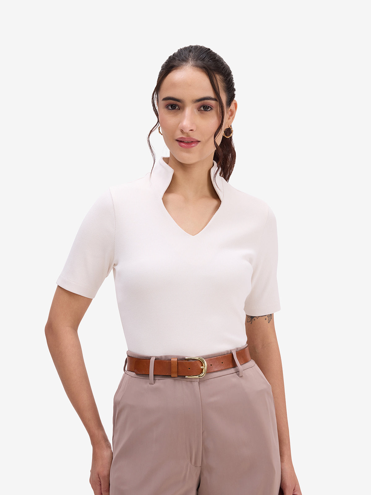 Off White Ribbed Knit Top