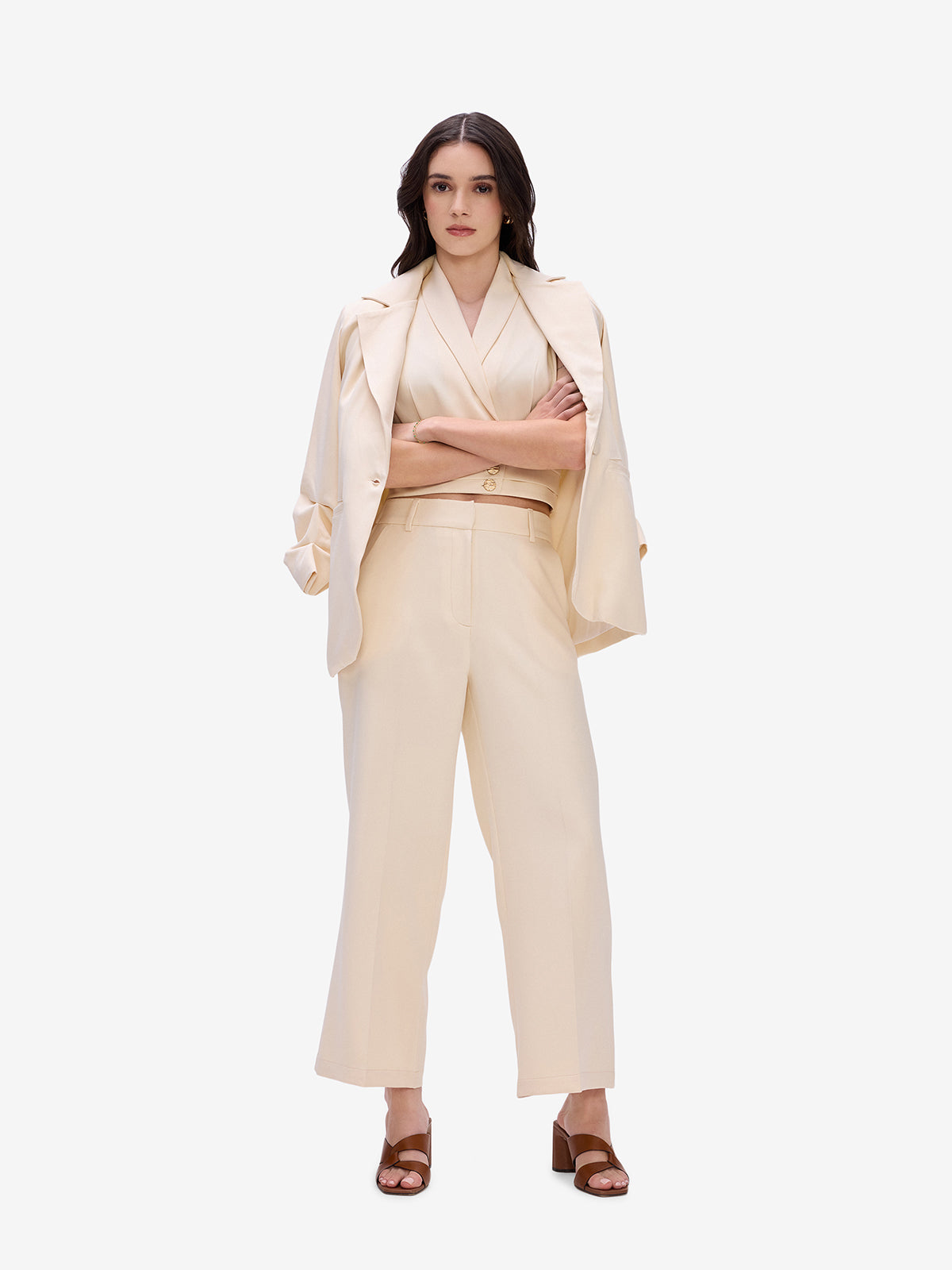 Beige Wide Leg Trousers