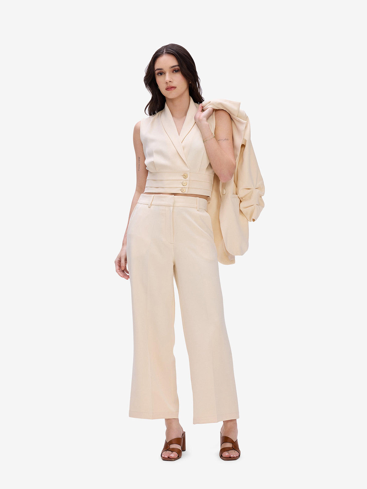 Beige Wide Leg Trousers
