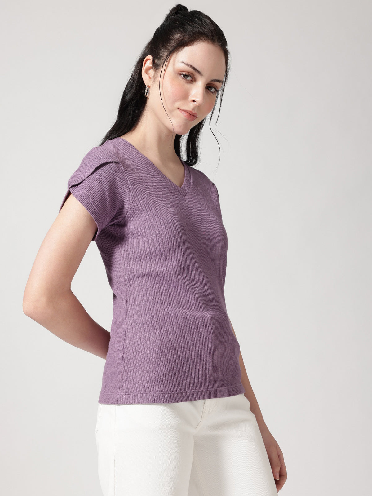 Textured Lavender Round Neck T-shirt